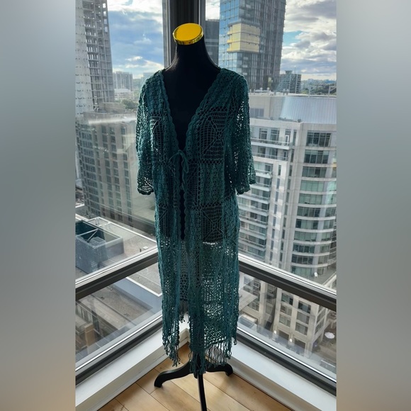 🆕 FARM Rio 🧿 NWOT Floral Crochet Tie Up Kimono, Teal - Sz M - Picture 3 of 16